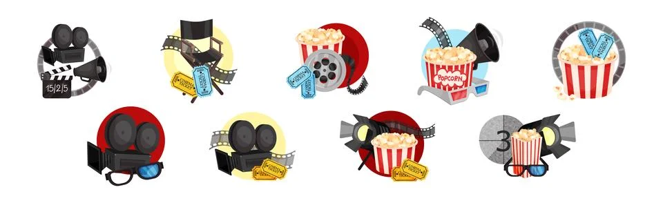 Cinema Elements with 3D Glasses, Popcorn, Megaphone and Camera Vector Stock Illustration