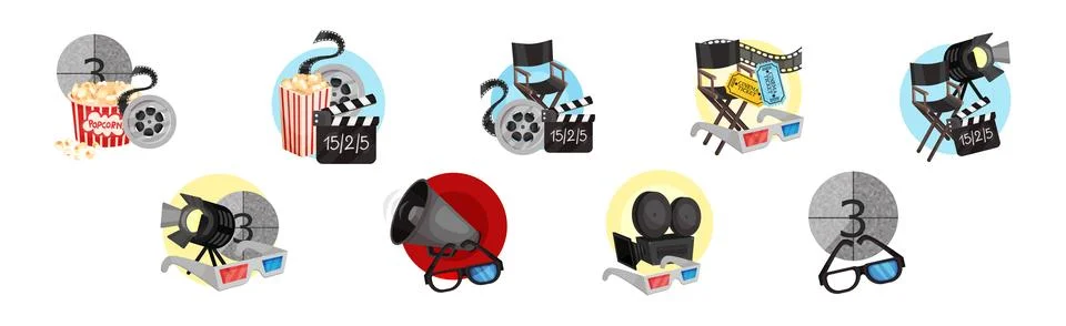 Cinema Elements with 3D Glasses, Popcorn, Megaphone and Camera Vector Illustrazione stock