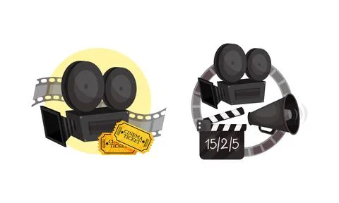 Cinema Elements with Camera and Clapperboard Vector Composition Set Stock Illustration