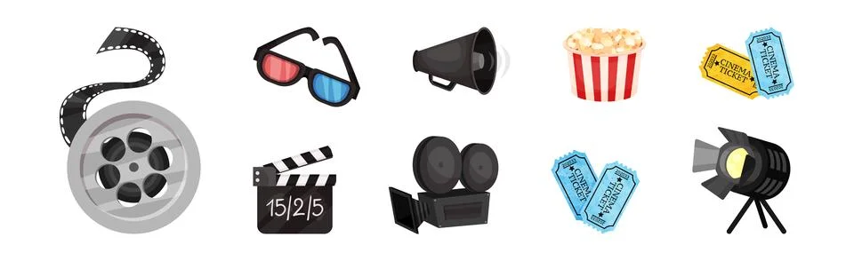 Cinema Elements with Clapperboard, 3d Glasses, Reel, Camera, Popcorn, Ticket and Stock Illustration