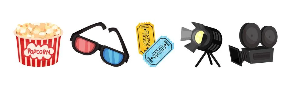 Cinema Elements with Popcorn, 3D Glasses, Tickets, Light and Camera Vector Set Illustrazione stock