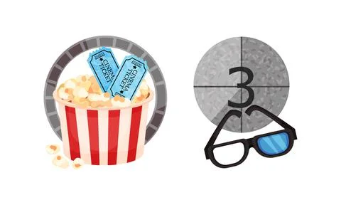 Cinema Elements with Popcorn Basket and 3D Glasses Vector Composition Set Stock Illustration