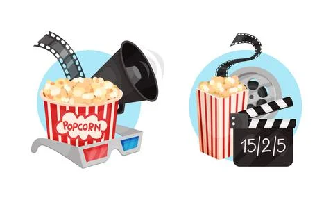 Cinema Elements with Popcorn Basket and Megaphone Vector Composition Set Illustrazione stock