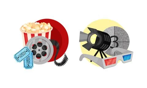 Cinema Elements with Popcorn Basket and 3D Glasses Vector Composition Set 스톡 일러스트