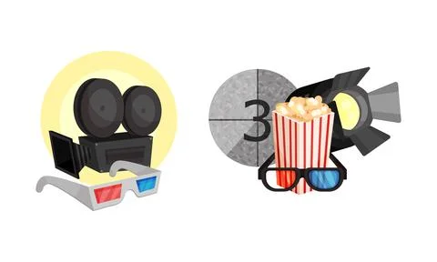 Cinema Elements with Popcorn Basket and 3D Glasses Vector Composition Set Stockillustratie