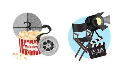 Cinema Elements with Popcorn Basket and Director Chair Vector Composition Set Stock Illustration