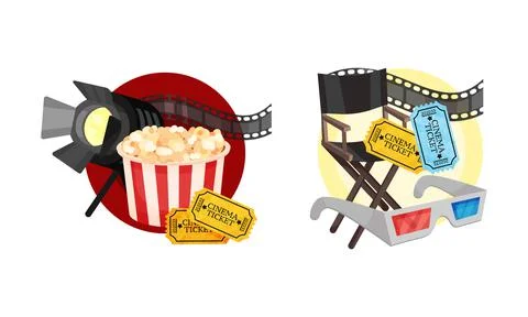 Cinema Elements with Popcorn Basket and 3D Glasses Vector Composition Set Stock Illustration