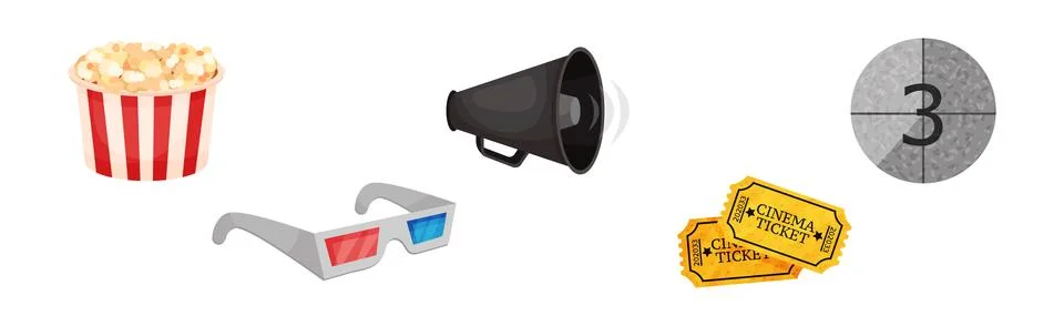 Cinema Elements with Popcorn, Megaphone, 3D Glasses and Tickets Vector Set 스톡 일러스트