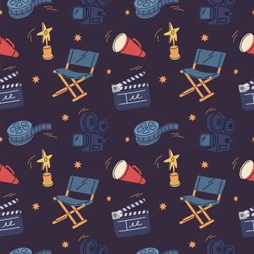 Cinema elements seamless pattern. Filming production, movies objects Illustrazione stock