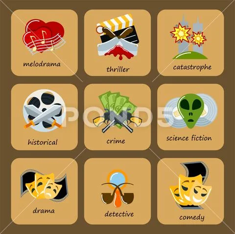 Cinema genre icons set cinematography flat entertainment comedy drama thriller Stock Illustration
