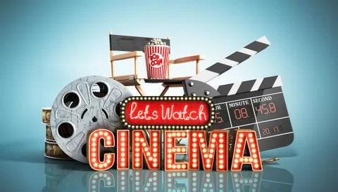 Cinema had light concept nave lets watch cinema 3d render on blue Stock Illustration