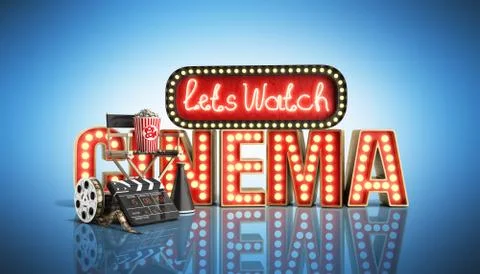 Cinema had light concept nave lets watch cinema 3d render on blue Stock Illustration