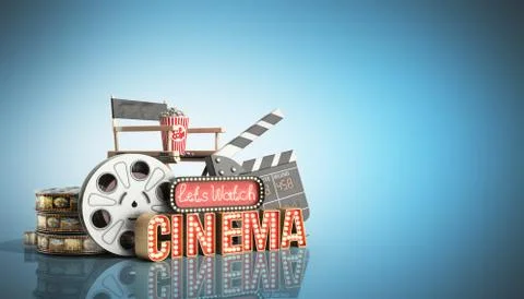 Cinema had light concept nave lets watch cinema 3d render on blue Stock Illustration