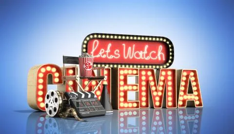 Cinema had light concept nave lets watch cinema 3d render on blue Stock Illustration