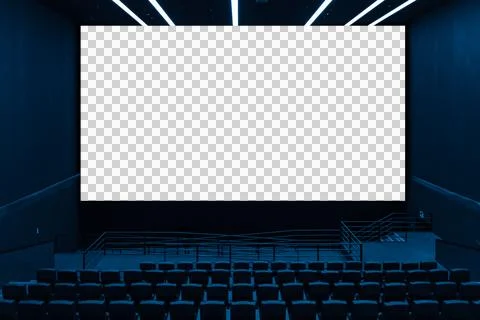 Cinema hall interior view with rows of empty dark seats looking at large bl.. Stock Photos