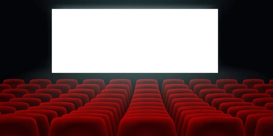 Cinema Hall With White Blank Screen And Red Rows Cinema Movie Theater Seats. Stock Illustration