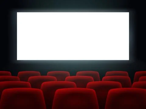 Cinema Hall With White Blank Screen And Red Rows Cinema Movie Theater Seats. Stock Illustration