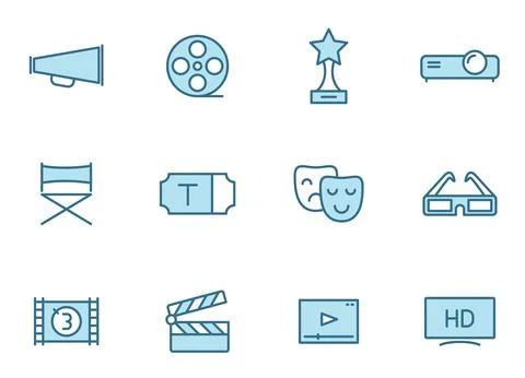 Cinema linear vector icons in two colors isolated on white background. Stock Illustration