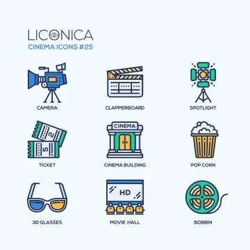 Cinema - modern vector flat line design icons set. Illustrazione stock
