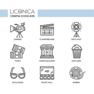 Cinema - modern vector flat line design icons set. Stock Illustration