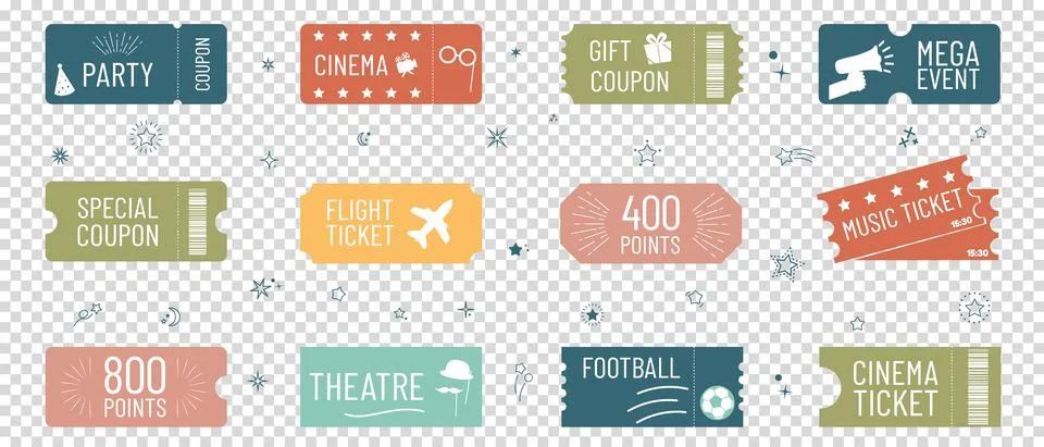 Cinema, Movie, Concert, Theatre, Flight, Football, Ticket Icon Set Stock Illustration