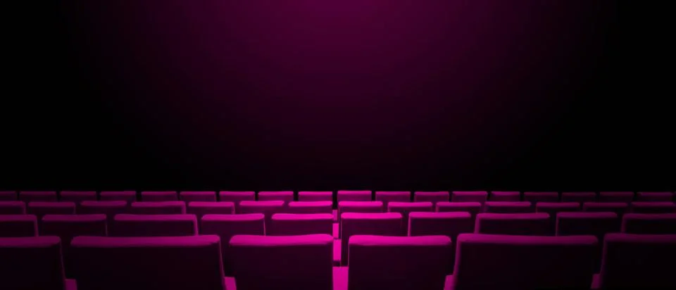 Cinema movie theatre with pink seats rows and a black background. Horizont... Stock Photos