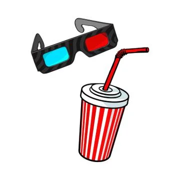 Cinema objects - 3d glasses and soda water in paper cup Stock Illustration
