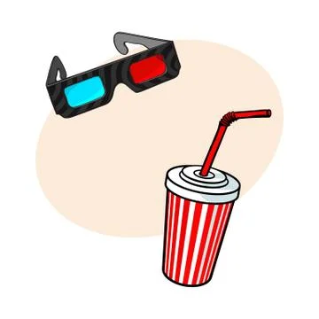 Cinema objects - 3d glasses and soda water in paper cup Stock Illustration