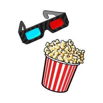 Cinema objects - popcorn and 3d, stereoscopic glasses Stock Illustration