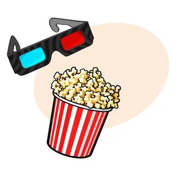 Cinema objects - popcorn and 3d, stereoscopic glasses Stock Illustration