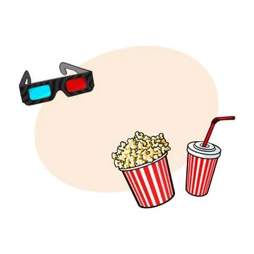 Cinema objects - popcorn bucket, 3d glasses and soda water Stock Illustration