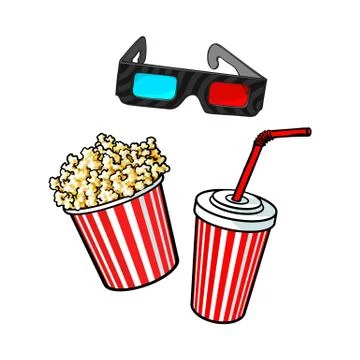 Cinema objects - popcorn bucket, 3d glasses and soda water Stock Illustration
