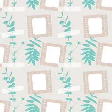 Cinema pattern from film movie frames and botanical elements herbarium leaves Stock Illustration