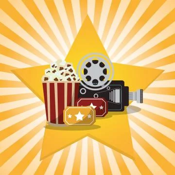 Cinema pop corn tickets camera star background Illustrazione stock