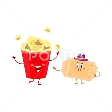 Cinema popcorn and vintage movie ticket characters with human faces Stock Illustration