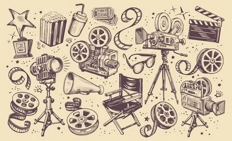 Cinema production collection. Film industry retro concept. Set elements on theme Stock Illustration