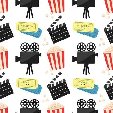 Cinema seamless pattern. Movie time. Camera, tickets and popcorn Stock Illustration