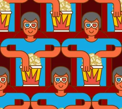 Cinema seamless pattern. Spectator in stereo glasses and popcorn background.  Stock Illustration