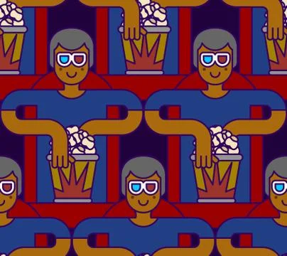 Cinema seamless pattern. Spectator in stereo glasses and popcorn background.  Stock Illustration
