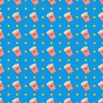 Cinema seamless pattern. Wallpaper with popcorn, stereo glasses and stars. Illustrazione stock