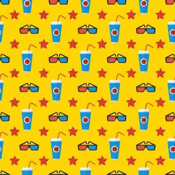 Cinema seamless pattern. Wallpaper with popcorn, stereo glasses and stars. Stock Illustration