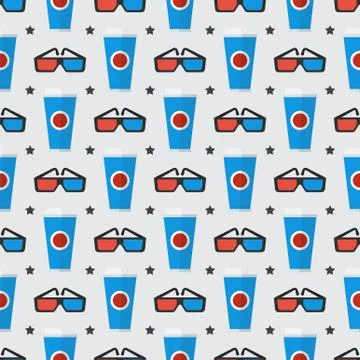 Cinema seamless pattern. Wallpaper with popcorn, stereo glasses and stars. Stock Illustration