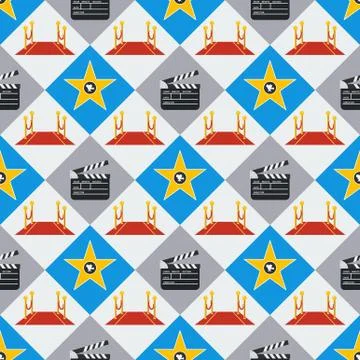 Cinema seamless pattern. Wallpaper with red carpet, walk of fame and clapboard. Illustrazione stock