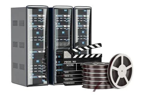 Cinema Server concept. Computer Server Racks with film reel and clapperboard, Stock-Illustration