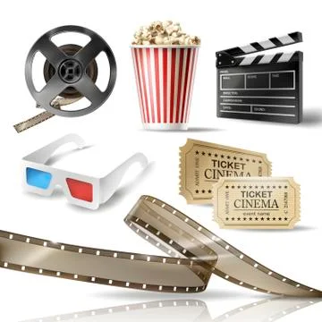Cinema set of 3D realistic objects Stock Illustration