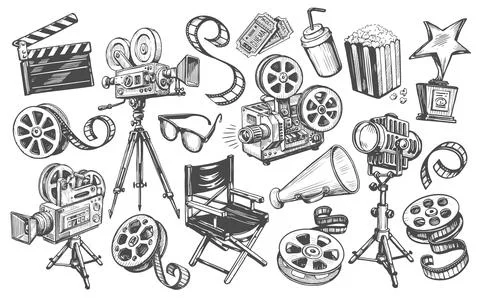 Cinema set in sketch style. Making movie, film screening, tv, video concept Stock Illustration