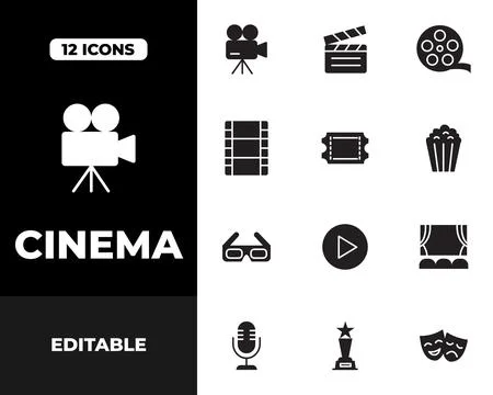 Cinema Solid Icon Set with Camera, Clapperboard, Film Reel and Movie Symbols Stock Illustration