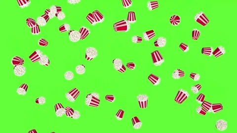 Cinema style popcorn buckets fall like rain on a green chroma key Stock Footage 330948066