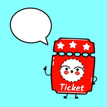 Cinema ticket with speech bubble. Vector hand drawn cartoon kawaii characte.. Illustrazione stock
