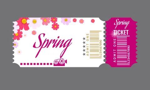 Cinema ticket with spring flowers template. Flat and solid color vector Stockillustratie